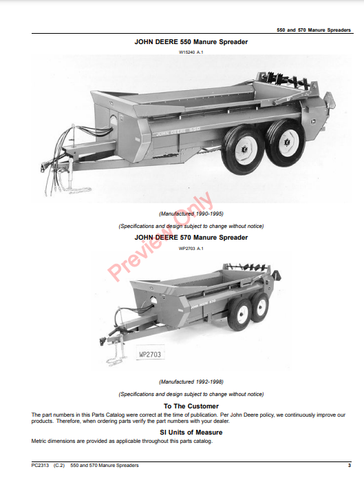 JOHN DEERE 550 AND 570 MANURE SPREADERS PC2313 - PARTS CATALOG MANUAL