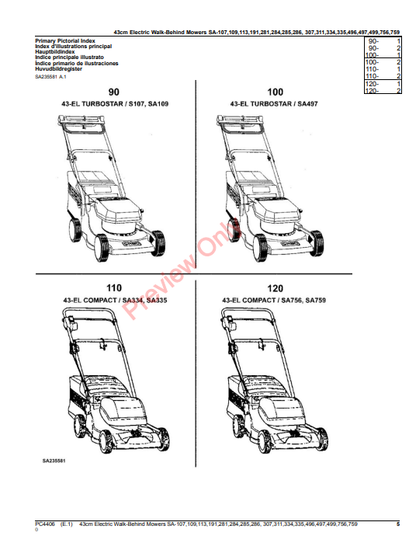 JOHN DEERE 43CM ELECTRIC WALK-BEHIND MOWERS SA107, 109, 113, 191, 281, 284, 285, 286, 307, 311, 334, 335, 496, 497, 499, 7 PC4406 - PARTS CATALOG MANUAL