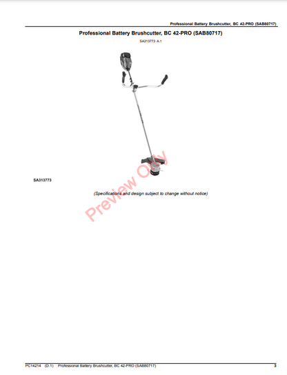 JOHN DEERE PROFESSIONAL BATTERY BRUSHCUTTER, BC 42-PRO (SAB80717) PC14214 - PARTS CATALOG MANUAL