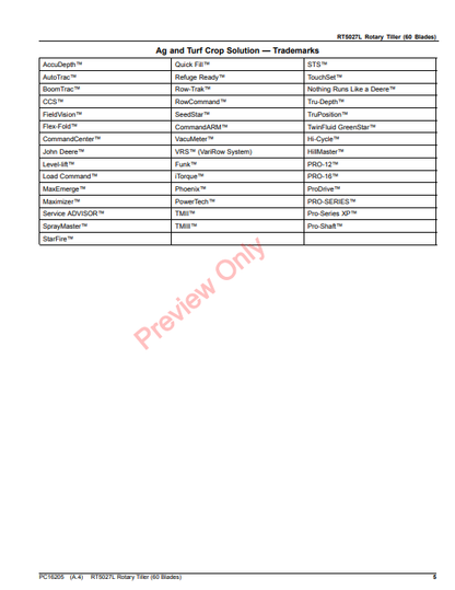 JOHN DEERE RT5027L ROTARY TILLER (60 BLADES) PC16205 - PARTS CATALOG MANUAL