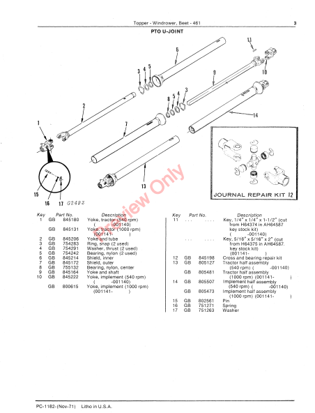 JOHN DEERE 461 BEET-TOPPER-WINDROWER PC1182 - PARTS CATALOG MANUAL