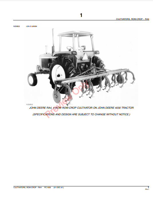 JOHN DEERE RA4 ROW-CROP CULTIVATOR PC1309 - PARTS CATALOG MANUAL