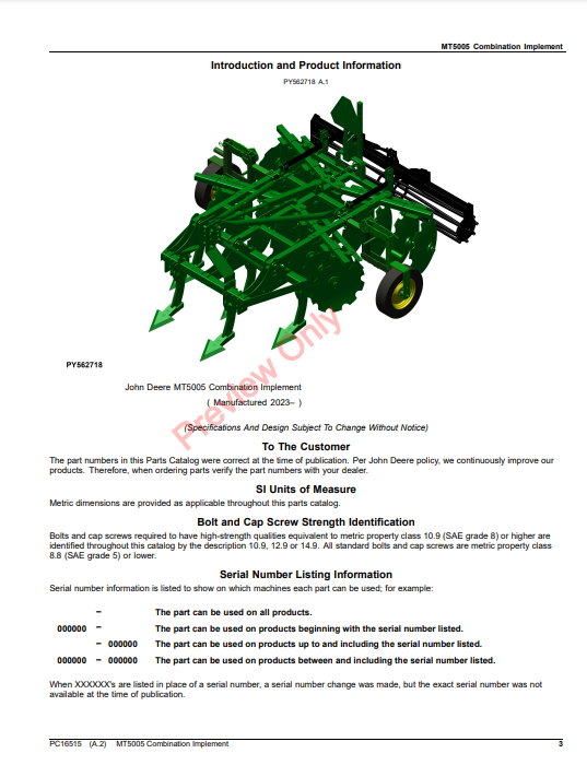 JOHN DEERE MT5005 COMBINATION IMPLEMENT PC16515 - PARTS CATALOG MANUAL