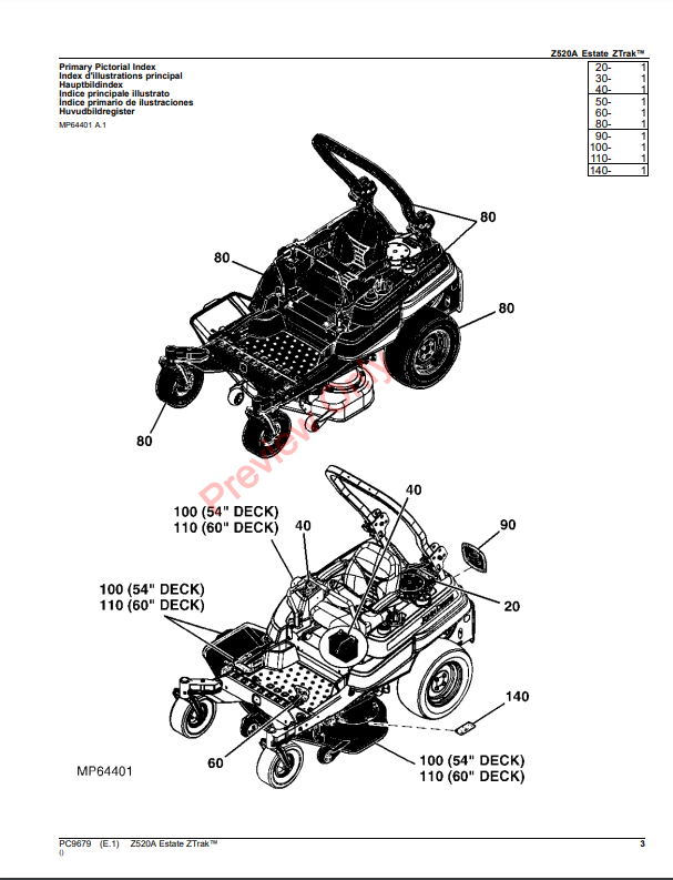 JOHN DEERE Z520A ESTATE ZTRAK PC9679 - PARTS CATALOG MANUAL