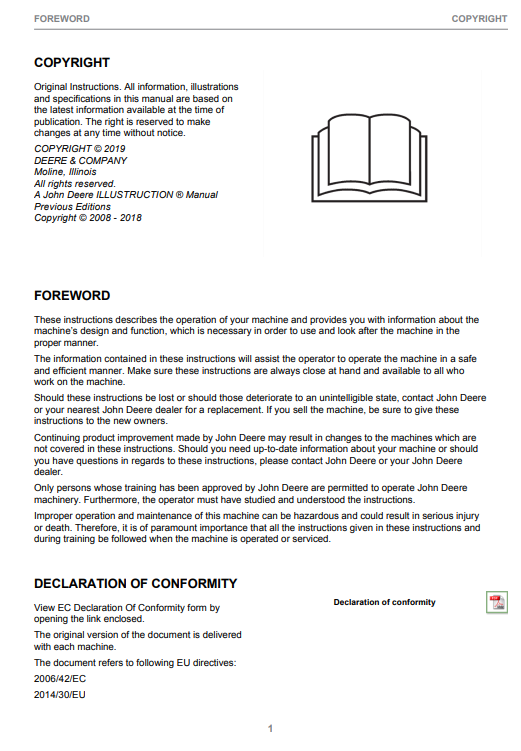 JOHN DEERE 1110G FT4 FFC, 1210G FT4 FFC, 1510G FT4 FFC (G SERIES) FORESTRY Forwarders OPERATOR MANUAL -F697724