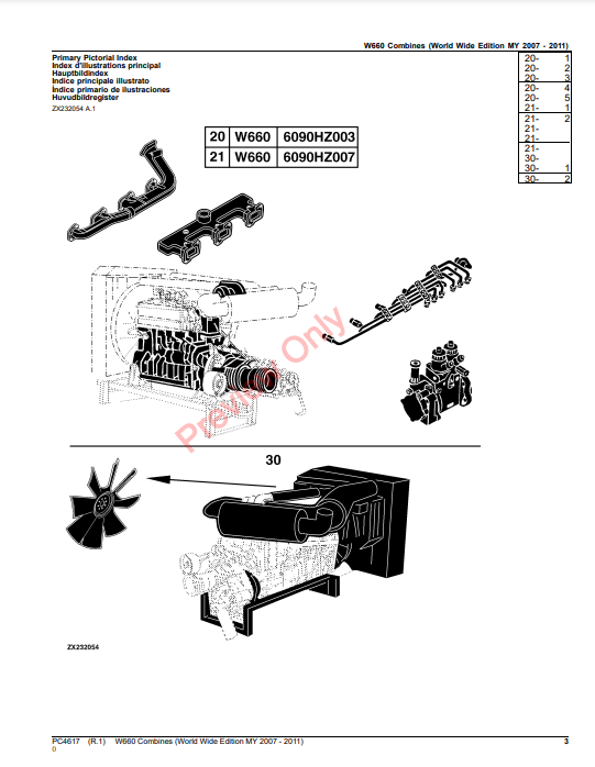 JOHN DEERE W660 COMBINE (WORLDWIDE EDITION MY 2007-2011) PC4617 - PARTS CATALOG MANUAL