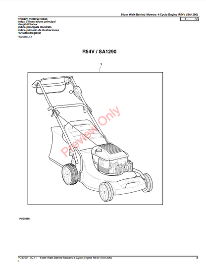 JOHN DEERE 54CM WALK-BEHIND MOWERS 4-CYCLE-ENGINE R54V (SA1290) PC4759 - PARTS CATALOG MANUAL