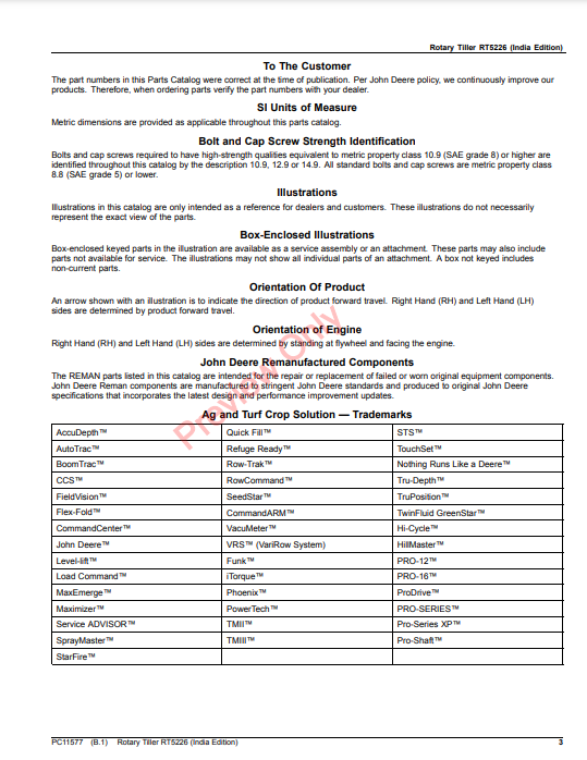 JOHN DEERE ROTARY TILLER RT5226 (INDIA EDITION) PC11577 - PARTS CATALOG MANUAL