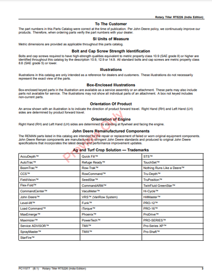 JOHN DEERE ROTARY TILLER RT5226 (INDIA EDITION) PC11577 - PARTS CATALOG MANUAL