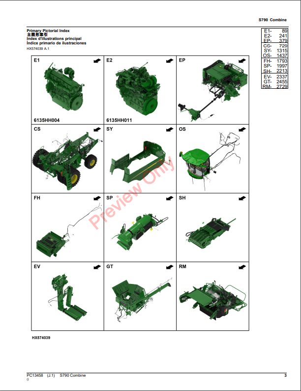 JOHN DEERE S790 COMBINE PC13458 - PARTS CATALOG MANUAL