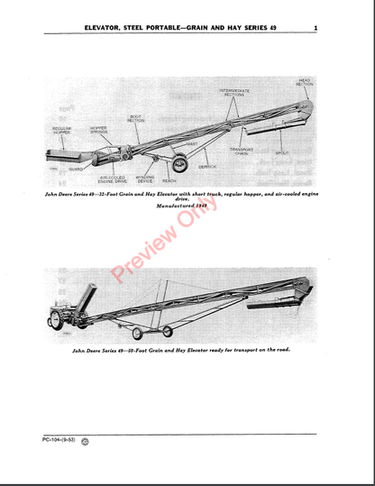 JOHN DEERE SERIES 49 GRAIN AND HAY PORTABLE STEEL ELEVATORS PC104 - PARTS CATALOG MANUAL