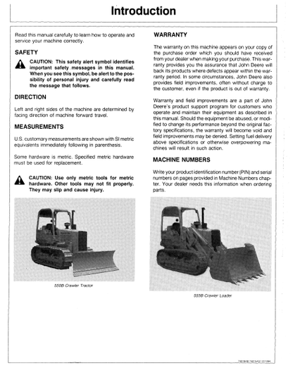 OPERATOR MANUAL - JOHN DEERE 550B, 555B (BSERIES) Construction Crawlers OMT81348