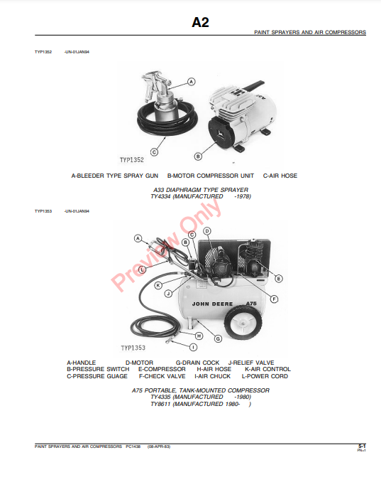 JOHN DEERE A33, A75, A100, A200, A250 & A300 AIR COMPRESSORS & SPRAYERS PC1438 - PARTS CATALOG MANUAL