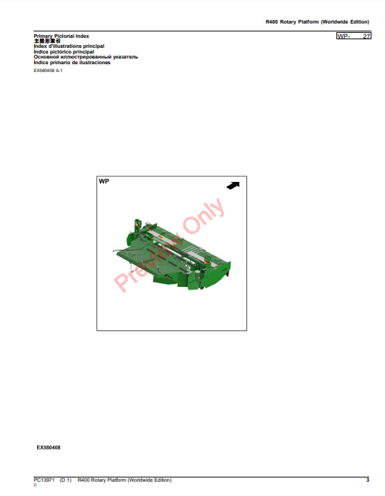 JOHN DEERE R400 ROTARY PLATFORM (WORLDWIDE EDITION) PC13971 - PARTS CATALOG MANUAL