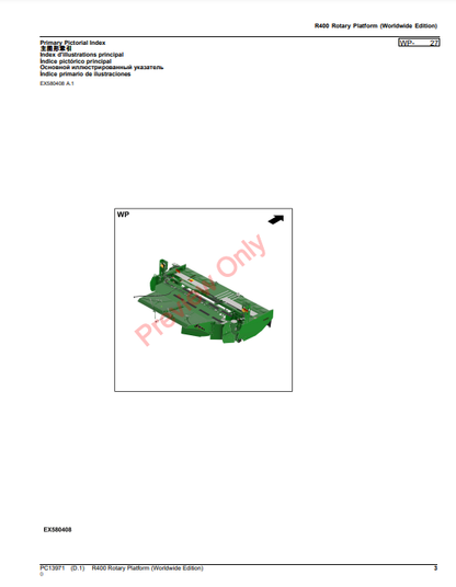 JOHN DEERE R400 ROTARY PLATFORM (WORLDWIDE EDITION) PC13971 - PARTS CATALOG MANUAL