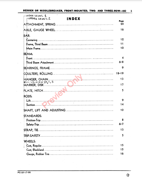 JOHN DEERE FRONT-MOUNTED BEDDER OR MIDDLEBREAKER - 442 PC331 - PARTS CATALOG MANUAL