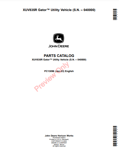 PARTS CATALOG MANUAL - JOHN DEERE XUV835R GATOR UTILITY VEHICLES (PC13096)