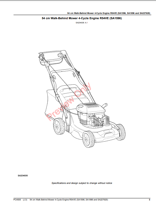 JOHN DEERE 54CM WALK-BEHIND MOWER 4-CYCLE ENGINE R54VE (SA1596, SA1896 AND SA227620) PC4935 - PARTS CATALOG MANUAL