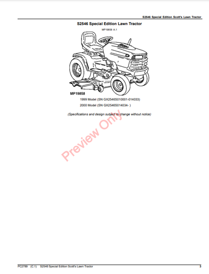 JOHN DEERE S2546 SPECIAL EDITION SCOTT & APOS;S LAWN TRACTOR PC2789 - PARTS CATALOG MANUAL