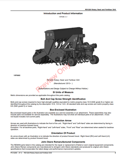 JOHN DEERE RS1220 ROTARY SEED AND FERTILIZER DRILL PC12255 - PARTS CATALOG MANUAL