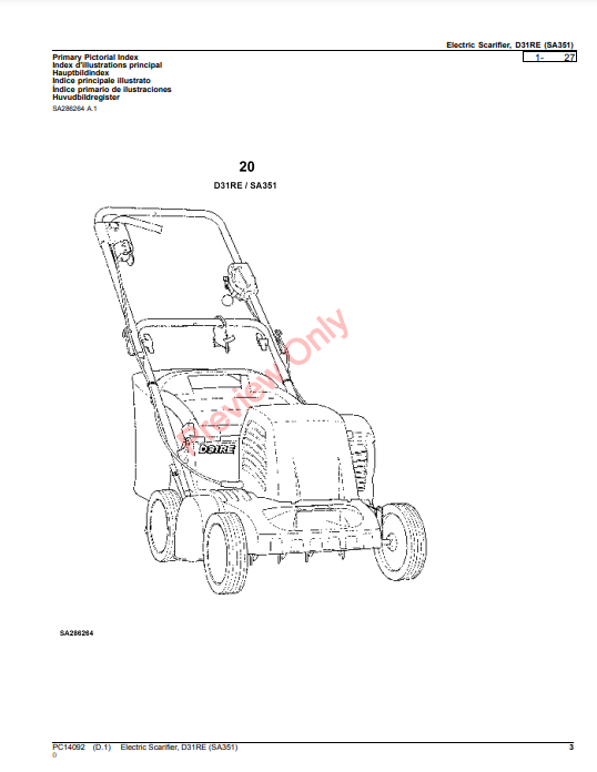 JOHN DEERE ELECTRIC SCARIFIER, D31RE (SA351) PC14092 - PARTS CATALOG MANUAL