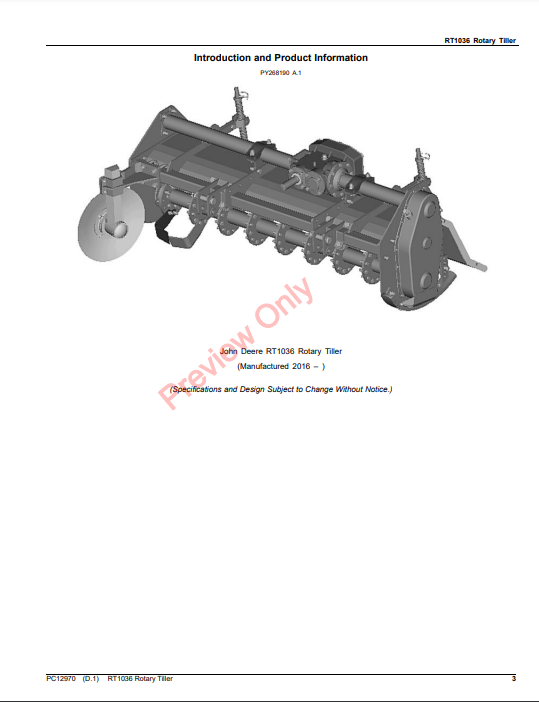 JOHN DEERE RT1036 ROTARY TILLER PC12970 - PARTS CATALOG MANUAL