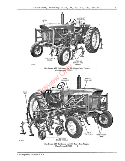 JOHN DEERE CULTIVATORS ROW CROP A2, A4, T2, T4, T21 AND T41 PC754- PARTS CATALOG MANUAL