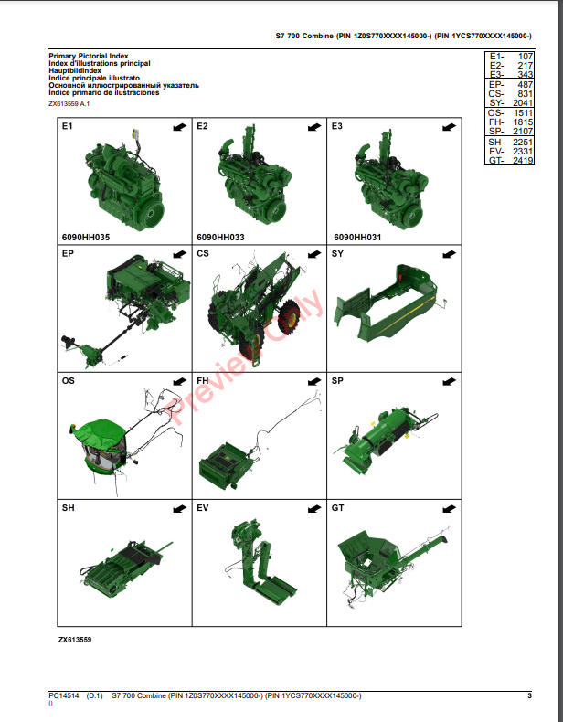 JOHN DEERE S7700 COMBINE PC14514 - PARTS CATALOG MANUAL