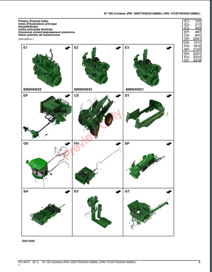 JOHN DEERE S7700 COMBINE PC14514 - PARTS CATALOG MANUAL