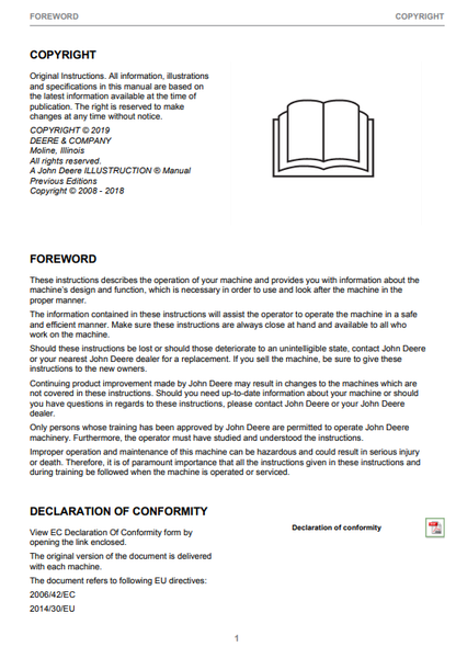 JOHN DEERE 1110G FT4 FFC, 1210G FT4 FFC, 1510G FT4 FFC (G SERIES) FORESTRY Forwarders OPERATOR MANUAL - F708972