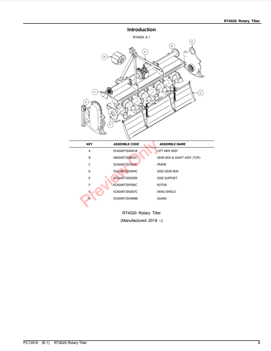 JOHN DEERE RT4520 ROTARY TILLER PC13516 - PARTS CATALOG MANUAL