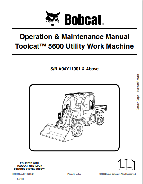 BOBCAT 5600 TOOLCAT UTILITY WORK MACHINE OPERATION & MAINTENANCE MANUAL (6990049) - PDF FILE