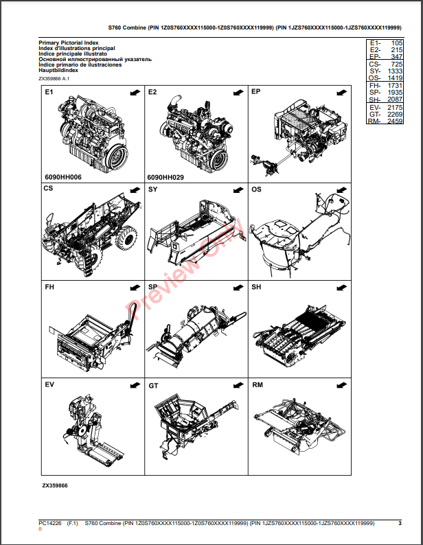 JOHN DEERE S760 COMBINE PC14226 - PARTS CATALOG MANUAL