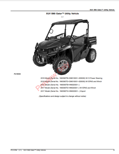 JOHN DEERE XUV 590I GATOR UTILITY VEHICLE PC12784 - PARTS CATALOG MANUAL