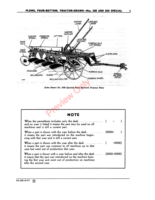 JOHN DEERE NOS. 55B, 55H SPECIAL TRACTOR-DRAWN FOUR-BOTTOM PLOWS PC206 - PARTS CATALOG MANUAL