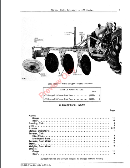 JOHN DEERE DISK INTEGRAL PLOWS-475 SERIES PC589 - PARTS CATALOG MANUAL