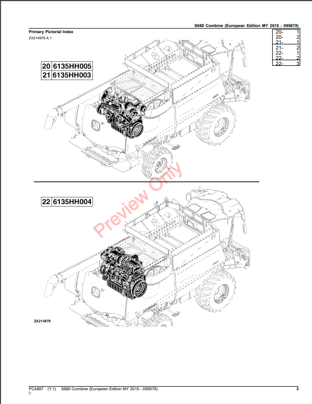 JOHN DEERE S680 COMBINE PC4887 - PARTS CATALOG MANUAL