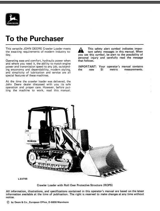 JOHN DEERE 455 (SERIES) Construction Crawlers OPERATOR MANUAL - OML35360