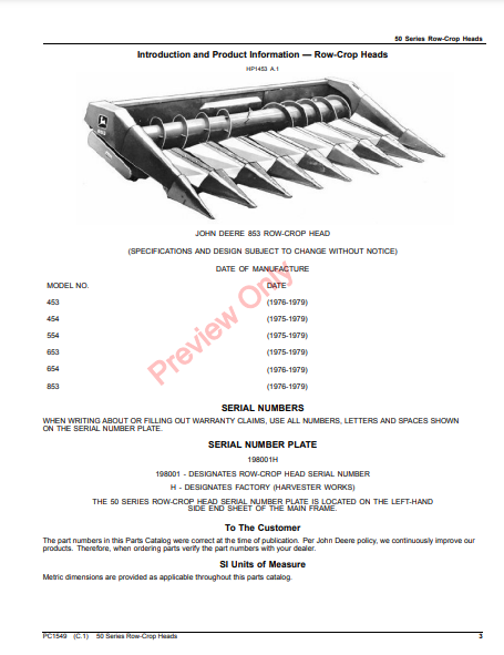 JOHN DEERE 50 SERIES ROW-CROP HEADS PC1549 - PARTS CATALOG MANUAL