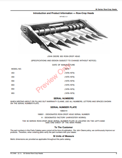 JOHN DEERE 50 SERIES ROW-CROP HEADS PC1549 - PARTS CATALOG MANUAL