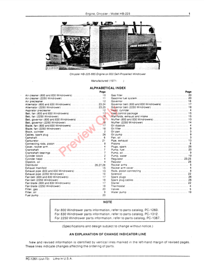 JOHN DEERE MODEL HB-225 CHRYSLER ENGINE PC1261 - PARTS CATALOG MANUAL