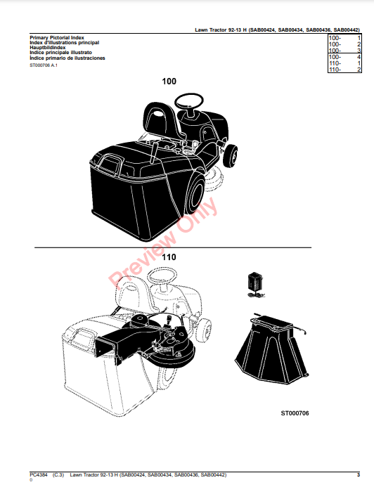 JOHN DEERE LAWN TRACTOR 92-13 H (SAB00434, SAB00436, SAB00442) PC4384 - PARTS CATALOG MANUAL