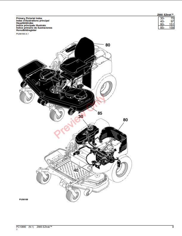 JOHN DEERE Z665 EZTRAK MOWER PC10890 - PARTS CATALOG MANUAL