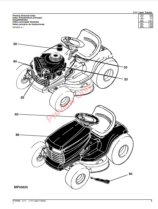 JOHN DEERE L111 LAWN TRACTOR PC9458 - PARTS CATALOG MANUAL