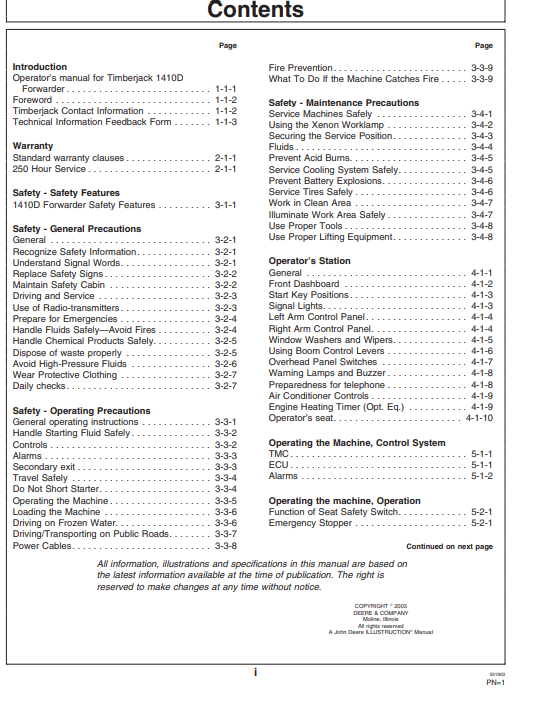 JOHN DEERE 1410D (D SERIES_TIMBERJACK MODELS) FORESTRY Forwarders OPERATOR MANUAL - OMF064197