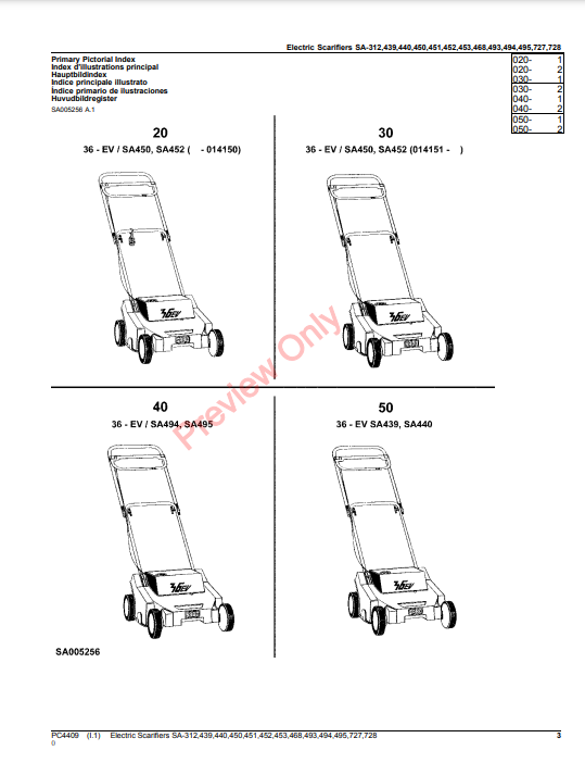 JOHN DEERE ELECTRIC SCARIFIERS SA-312, 439, 440, 450, 451, 452, 453, 468, 493, 494, 495, 727, 728 PC4409 - PARTS CATALOG MANUAL