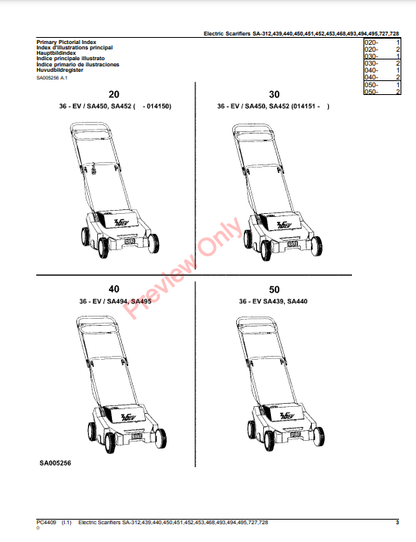 JOHN DEERE ELECTRIC SCARIFIERS SA-312, 439, 440, 450, 451, 452, 453, 468, 493, 494, 495, 727, 728 PC4409 - PARTS CATALOG MANUAL