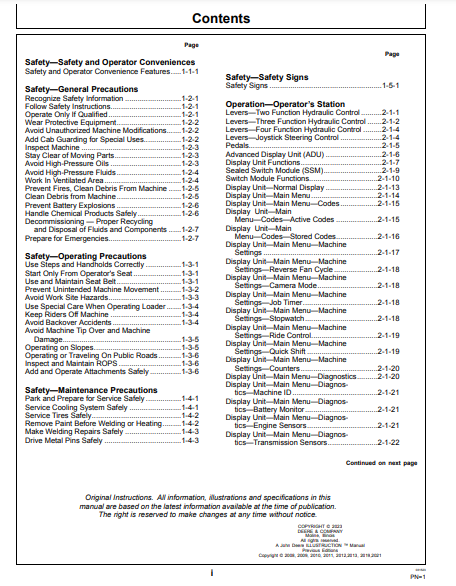 OPERATOR MANUAL - JOHN DEERE 844K Construction Loader OMT228004