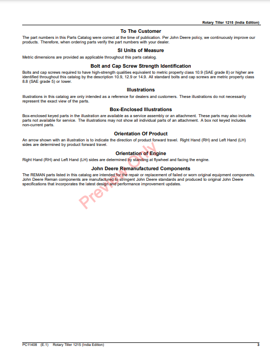 JOHN DEERE ROTARY TILLER 1215 (INDIA EDITION) PC11408 - PARTS CATALOG MANUAL