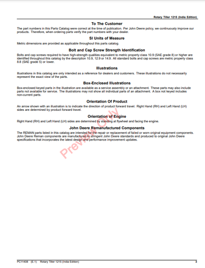 JOHN DEERE ROTARY TILLER 1215 (INDIA EDITION) PC11408 - PARTS CATALOG MANUAL